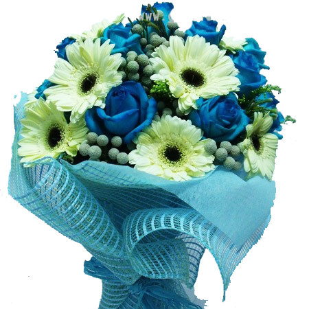 White Gerbera With Blue Roses - Png Blue Rose Bouquet (450x450), Png Download