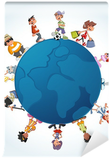 Blue Template With Teenager Cartoon Students Over Earth - Cartoon (400x400), Png Download