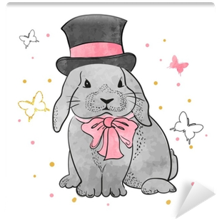 Cute Watercolor Rabbit Boy With Bow And Hat - Illustration (400x400), Png Download