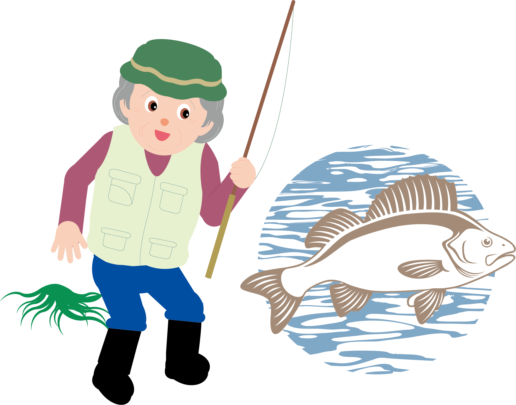 Fishing Clip Man - Old Man Cartoon Fish (1755x1378), Png Download