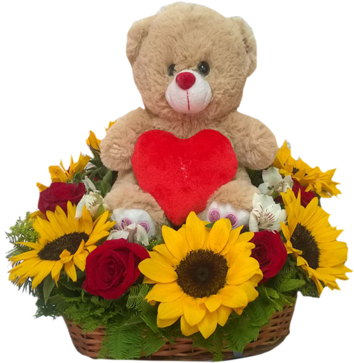 Cesta De Girasoles, Rosas Y Peluche - Peluches Con Flores Png (522x588), Png Download
