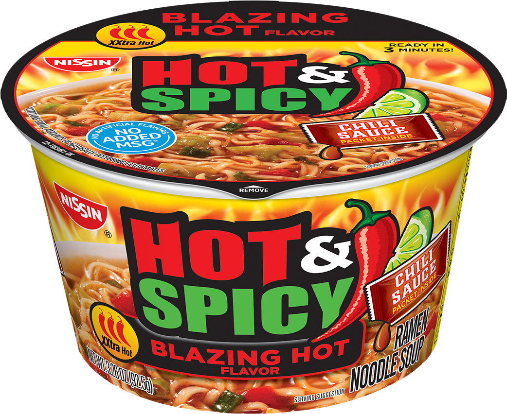 Nissin Bowl Noodles Hot And Spicy Blazing Hot Flavor - Nissin Bowl Noodles Hot & Spicy Ramen, Beef - 3.28 (1230x853), Png Download