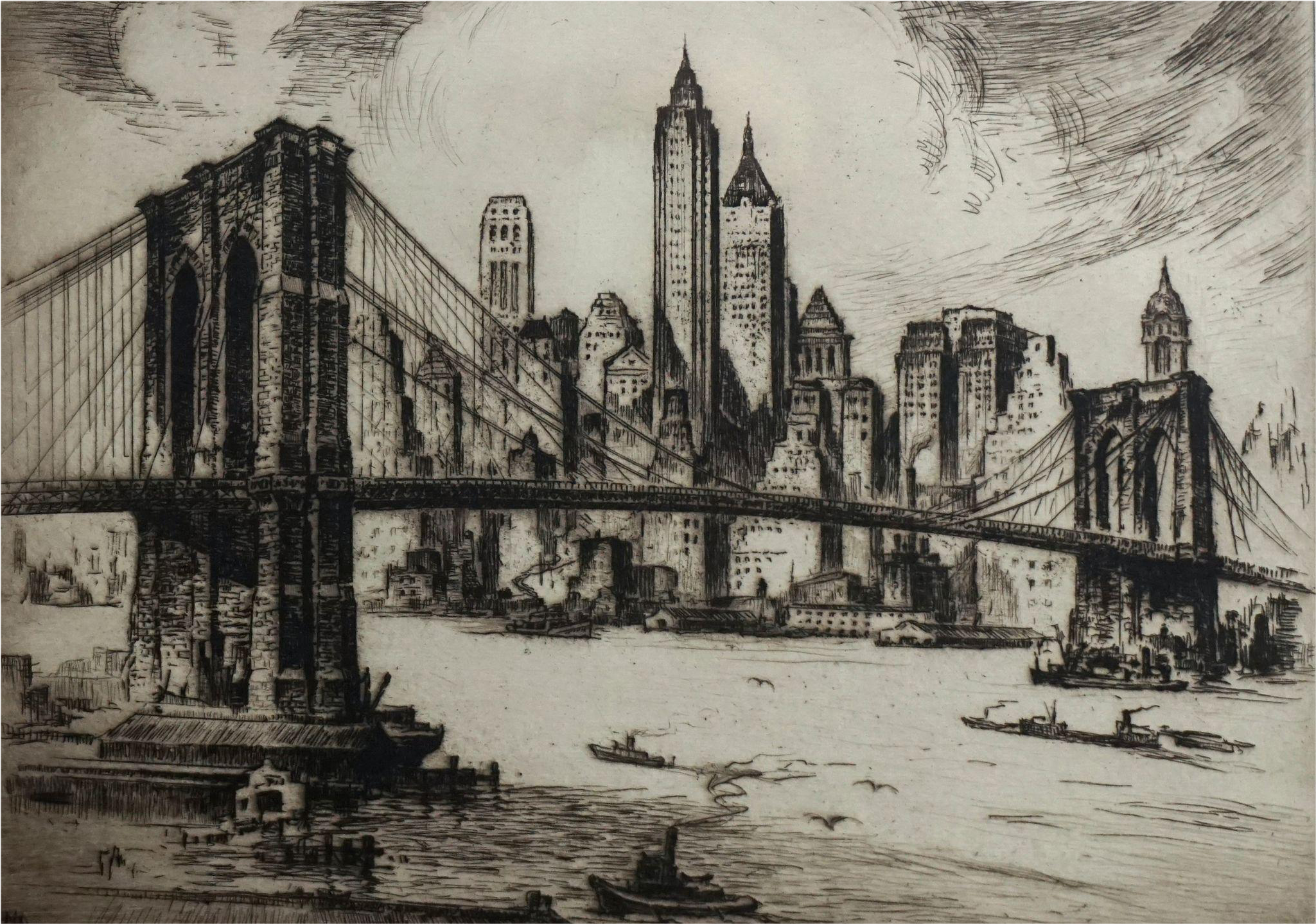 A Early 20th Century Etching Of Brooklyn Bridge - Brooklyn Bridge (2048x2048), Png Download