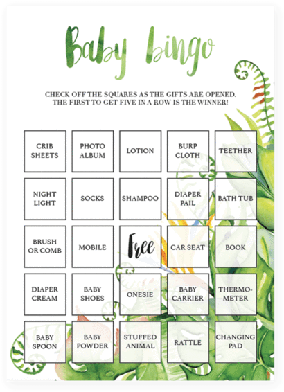 Green Tropical Baby Shower Baby Bingo Printable Instant - Greenery Baby Shower Bingo (480x600), Png Download