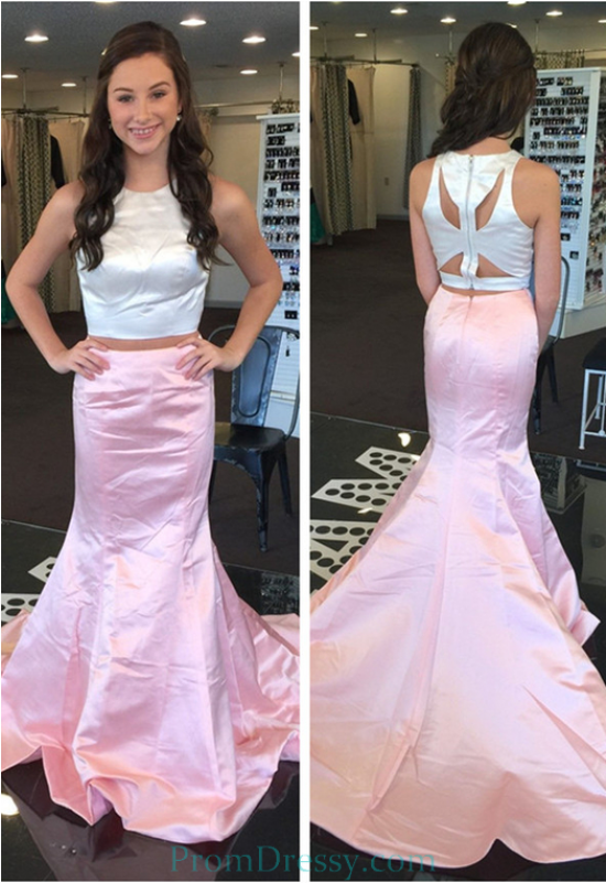 Satin Floor Length Mermaid Prom Dress Two Piece Pink - Dress (800x800), Png Download