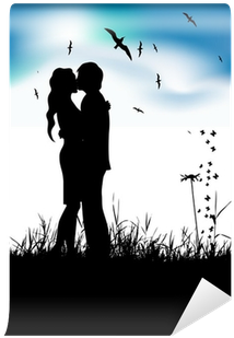 Couple Kissing On Summer Meadow, Black Silhouette Wall - Kissing Couple Silhouette (400x400), Png Download