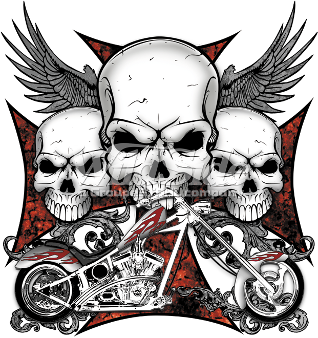 3 Skulls Iron Cross Chopper - Skull With Motorcycle Unisex Crewneck Day (675x675), Png Download