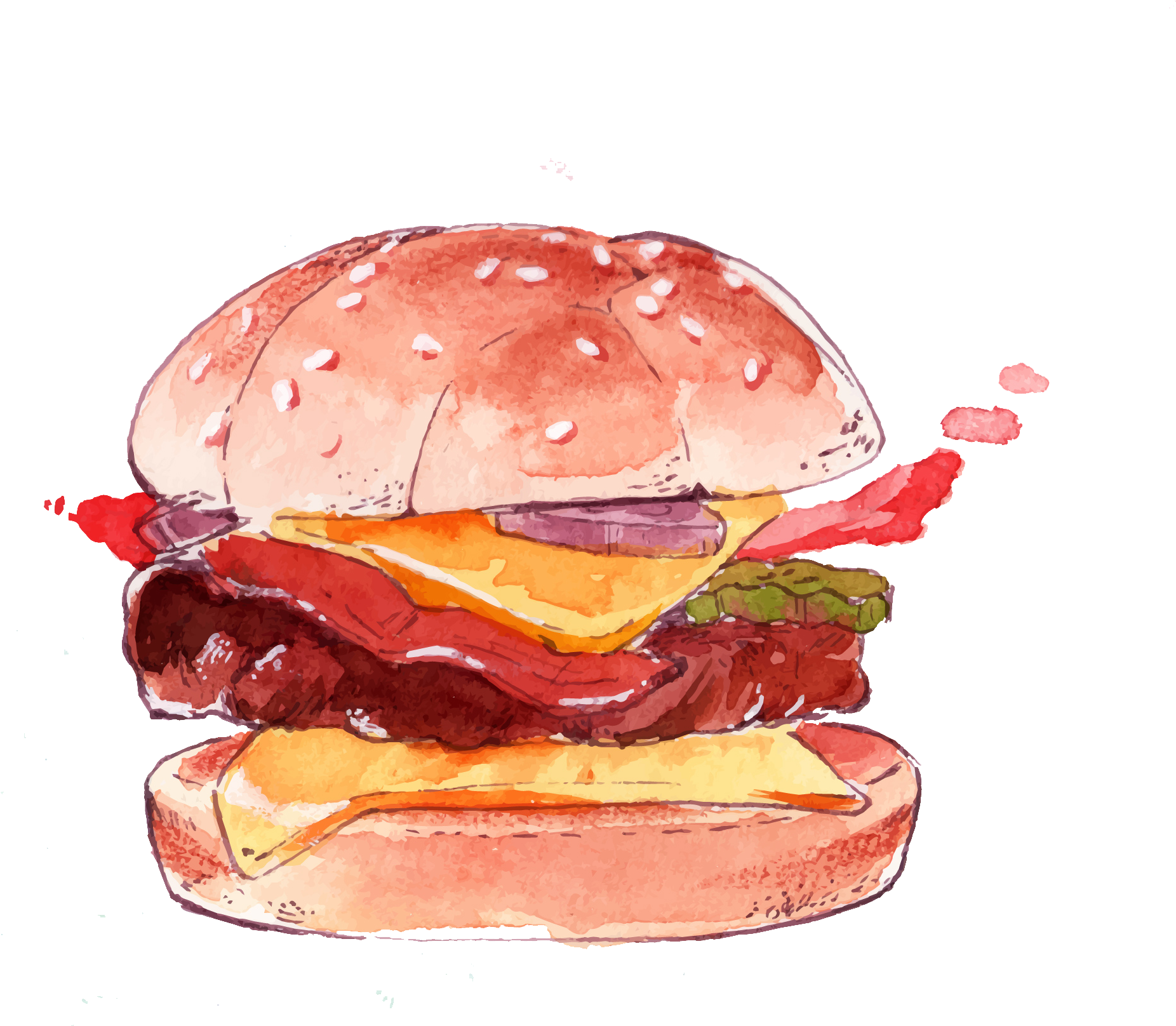Watercolor Burger Png Image Free Vector - Watercolor Food Png (1024x1024), Png Download