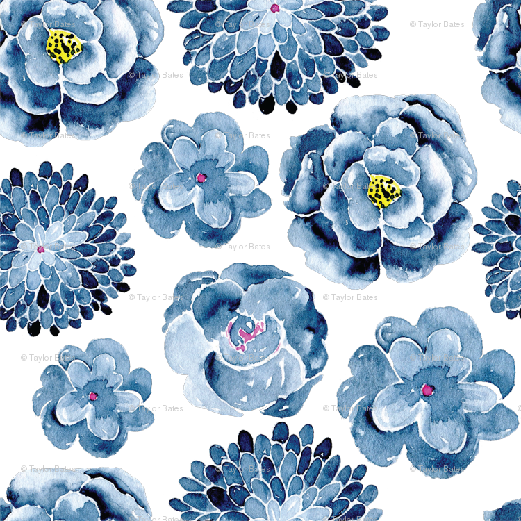 Navy Blue Watercolor Flowers Png (750x750), Png Download