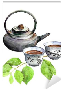 Asian Tea Pot, Teacup And Green Leaves - Chinese Teapot Watercolour Free (400x400), Png Download