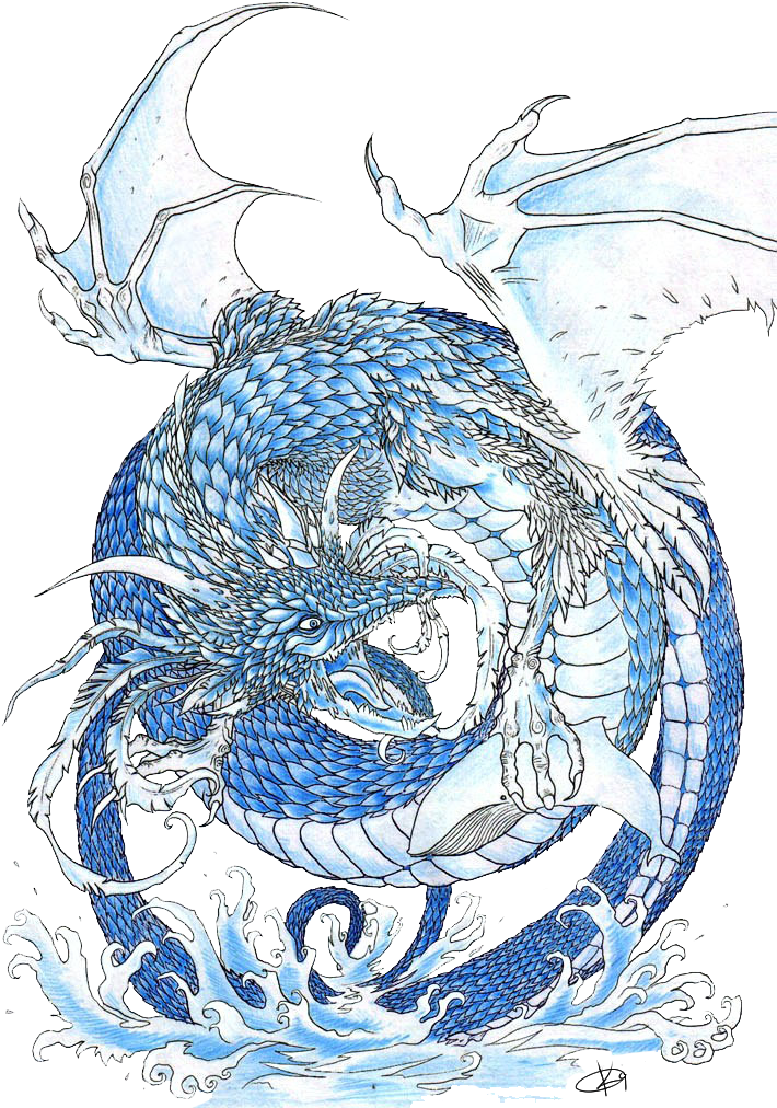 Water Dragon With Tribal And Dolphin - Chinese Water Dragon Design (710x1024), Png Download