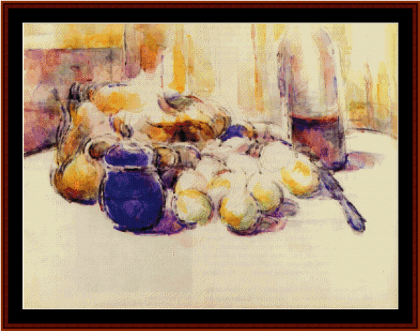 Blue Pot And Wine Bottle - Cézanne Pear Still Life (599x600), Png Download