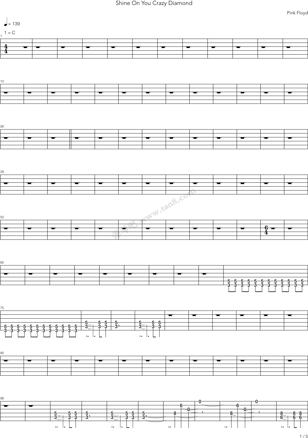 Shine On You Crazy Diamond Parts I - Sheet Music (1240x1754), Png Download