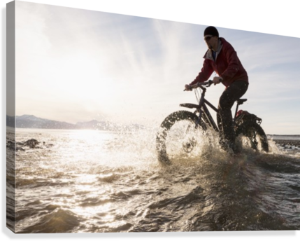 Bicyclist Riding His Fat Bike Across A Tidal Stream - Printscapes Wall Art: 18" X 12" Canvas Print With Black (429x344), Png Download