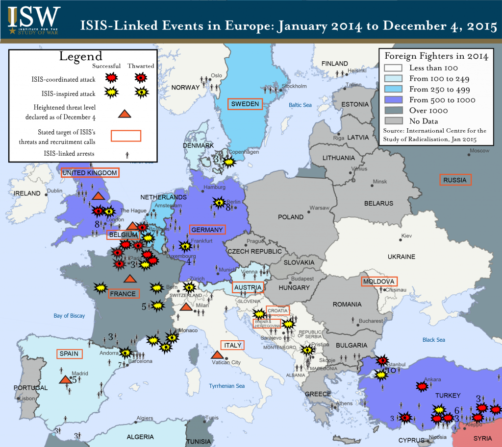 South West Asia And North Africa Map - Map Of Terror Attacks In Europe (1024x913), Png Download