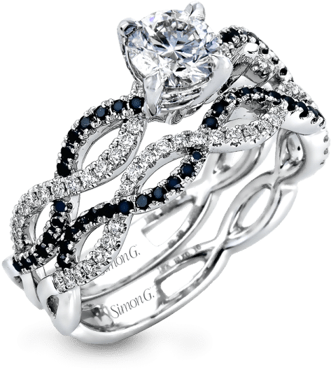 Black Diamond Ribbon Engagement Ring With Wedding Band - Engagement Black Diamond Ring (600x600), Png Download