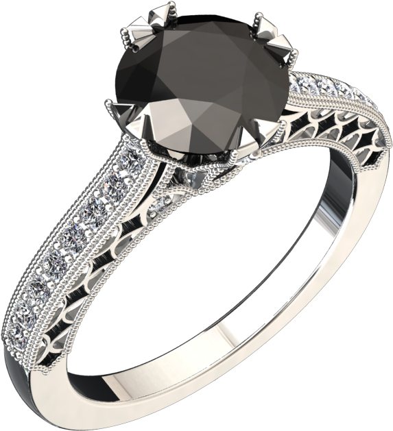 00 Carat Black Diamond Center 14k Gold Ring Style - Gold (960x720), Png Download
