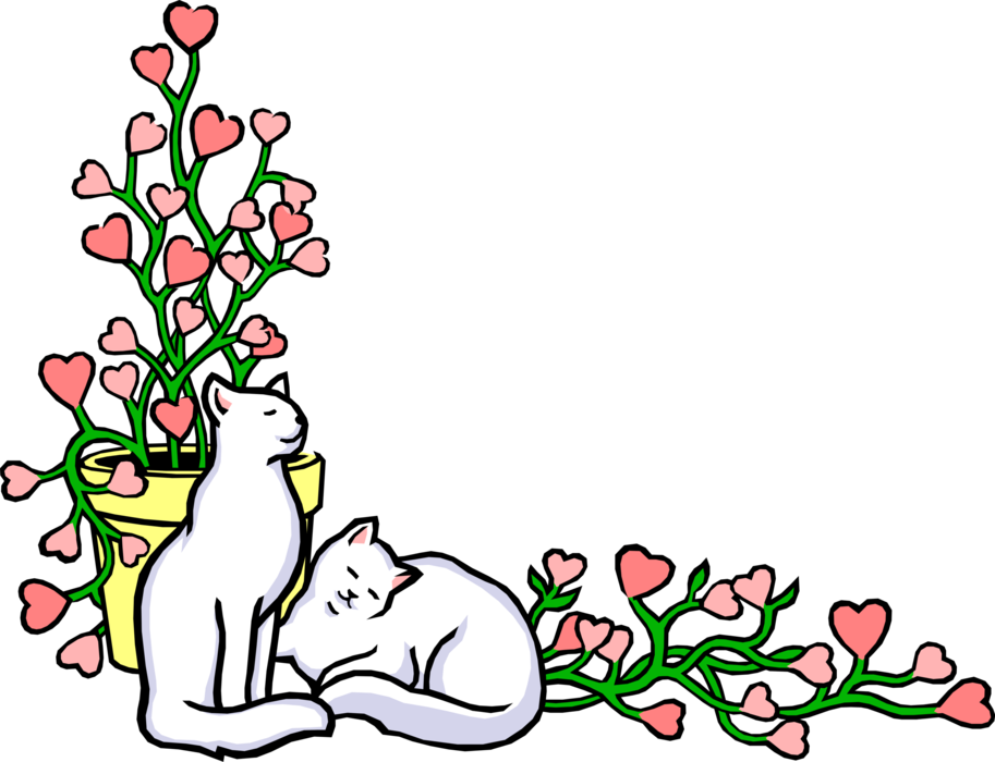 Vector Illustration Of Floral Background With Small - Cat And Flowers Clip Art (913x700), Png Download