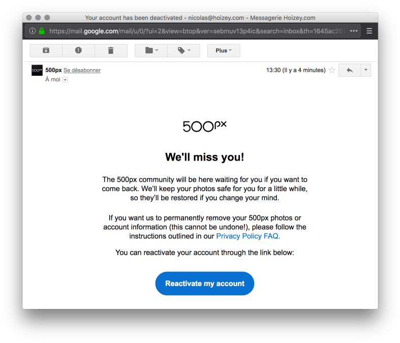500px E-mail Announcing My Account Has Been Deactivated - Email (800x684), Png Download