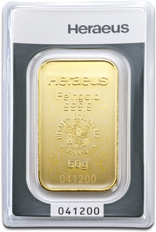 50g Gold Bullion - Heraeus 50 G Gold Bars (500x500), Png Download