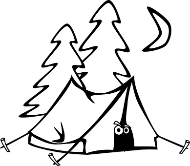 Camping Tent Eyes Trees Moon Night Cartoon - Camp Clip Art Black And White (389x340), Png Download