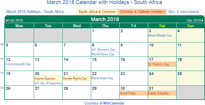 March 2018 Printable Calendar Free Blank 2018 Calendar - December Holidays 2018 South Africa (712x376), Png Download