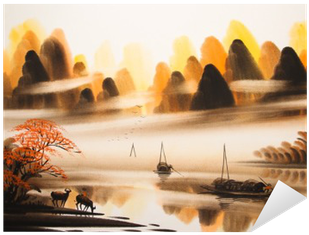 Chinese Landscape Watercolor Painting Sticker • Pixers® - Watercolor Painting (400x400), Png Download