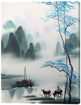 Chinese Landscape Watercolor Painting Canvas Print - Chinese Landscape Watercolor (400x400), Png Download