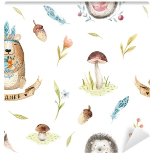 Cute Baby Hedgehog And Bear Animal Seamless Pattern - Illustration (400x400), Png Download