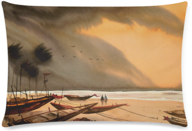 Watercolor Storm & Fishing Boats At Seashore Landscape - Cushion (500x500), Png Download