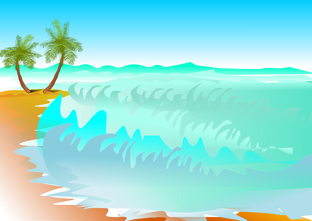 Palm Trees, Beach, Ocean, Tide, Waves, Surf, Surfing - Cartoon Beach With Waves (640x452), Png Download