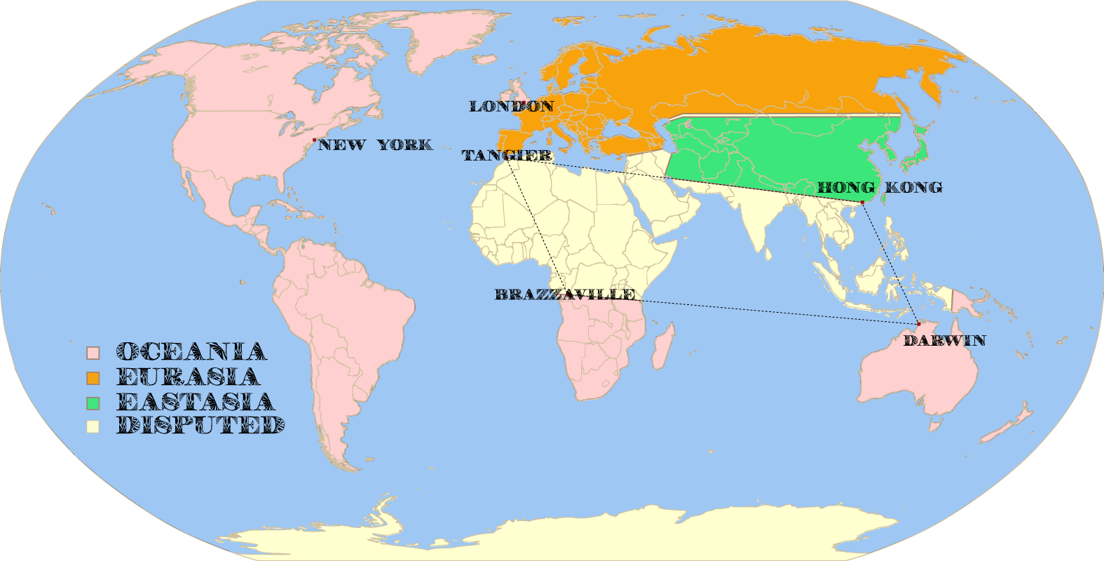 1984 Orwell World Map Eurasia Oceania Superstate Vector - World Map Of 1984 (1575x800), Png Download