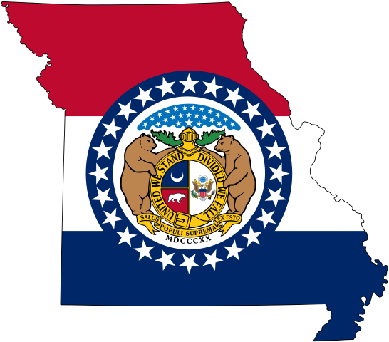 The Crest Of Missouri And On Outline Of The State In - Missouri State Flag Map (546x480), Png Download