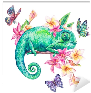 Watercolor Green Chameleon With Butterflies, Flowers - Watercolor Chameleon (400x400), Png Download