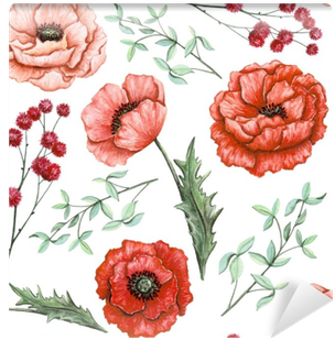 Seamless Pattern Of Watercolor Poppies, Herbs And Little - Watercolor Painting (400x400), Png Download
