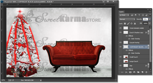 Delux Christmas Scene With Tree And Red Couches - Bench (650x420), Png Download