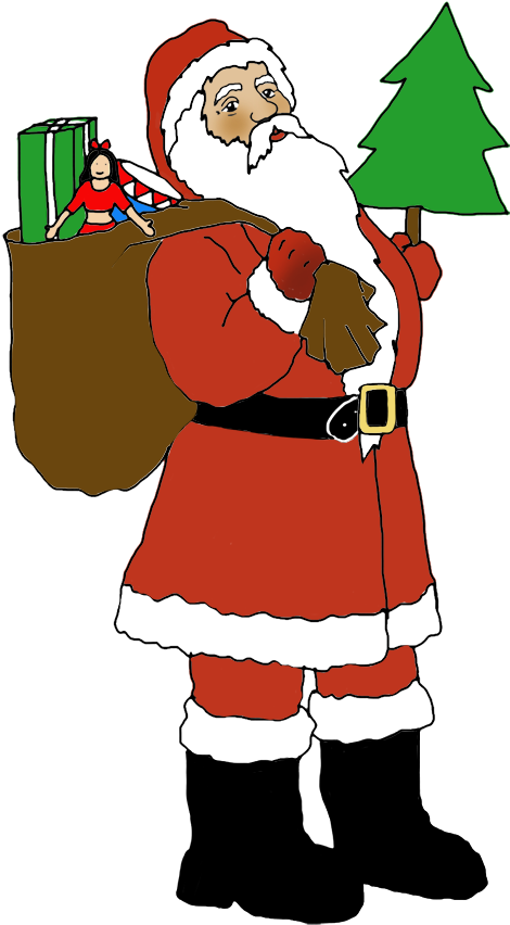 Santa Clip Art With Sack And Christmas Tree - Christmas Tree And Santa Clip Art (589x945), Png Download