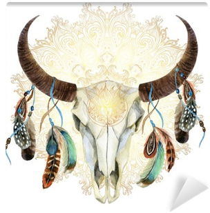 Watercolor Cow Skull With Feathers Wall Mural • Pixers® - Steer Skull With Feathers (400x400), Png Download