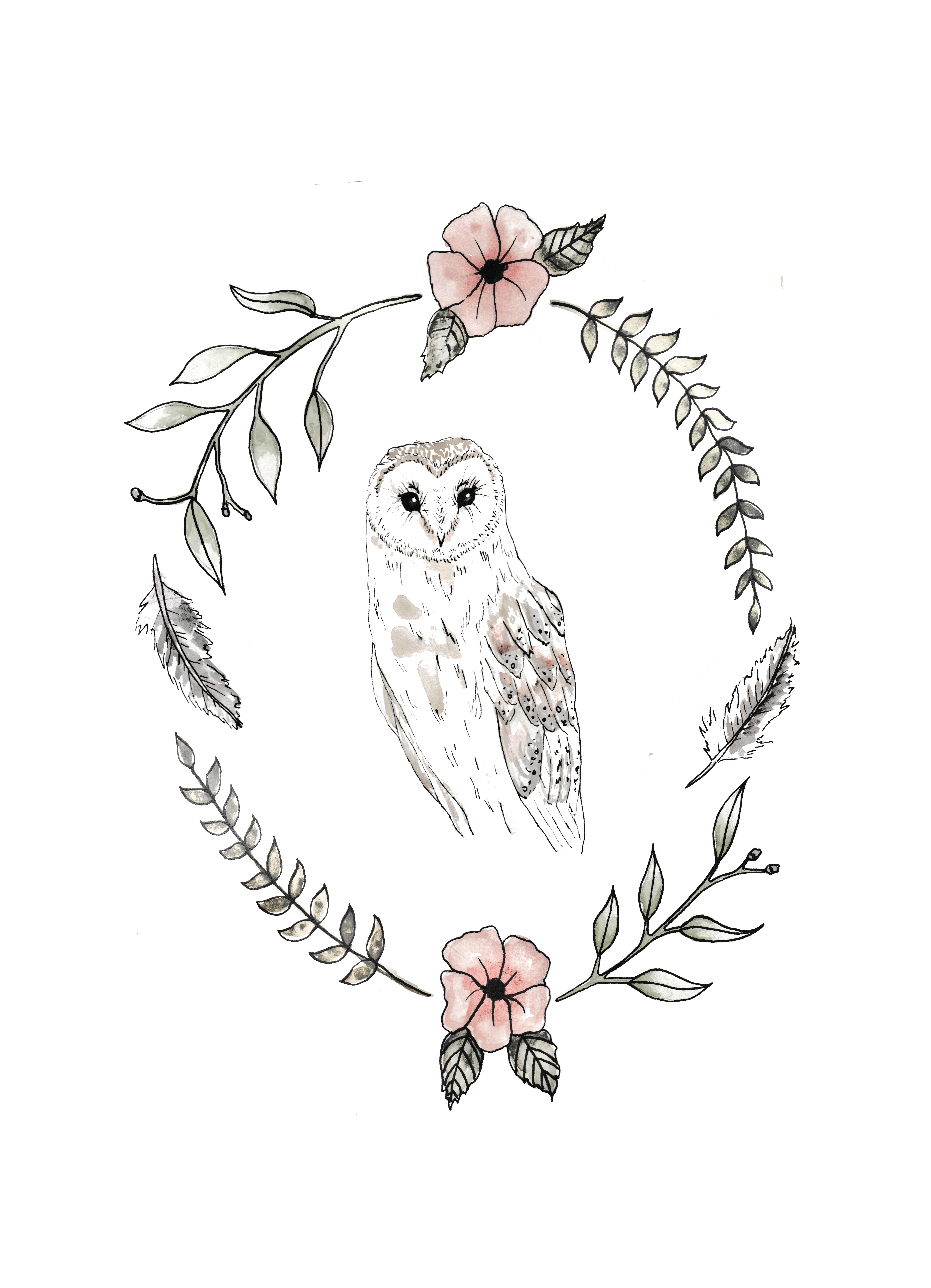 Art Print Featuring An Owl Within A Garland Hand Painted - Sketch (4961x7016), Png Download