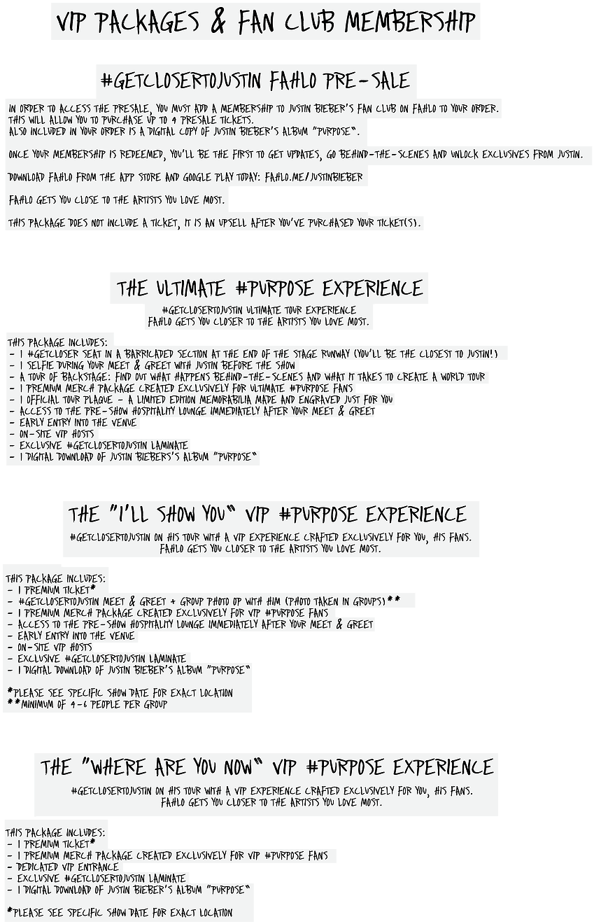 Justin Bieber Wants $2,000 For You To Meet Him - Purpose Tour Vip Package Prices (979x1399), Png Download