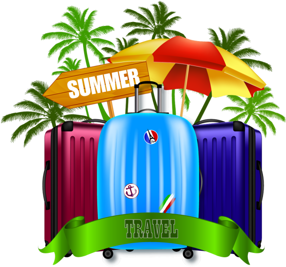 Ilustración Con Maleta De Viaje Y Palmeras - Maletas De Viaje Png (640x640), Png Download