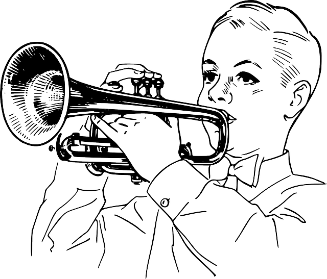Music, Outline, Boy, Kid, Playing, Instrument, Blow - Trumpets Playing Clip Art (640x547), Png Download