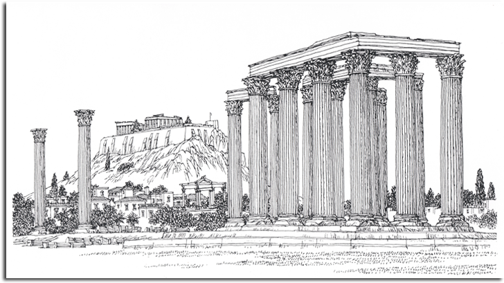 War Drawing Ruins - Athens Drawing (750x450), Png Download