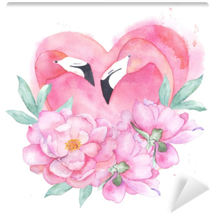 Watercolor Pink Flamingo Couple With Bouquet Peony - Paper Place A4 Wiro Flamingo Notebook (400x400), Png Download