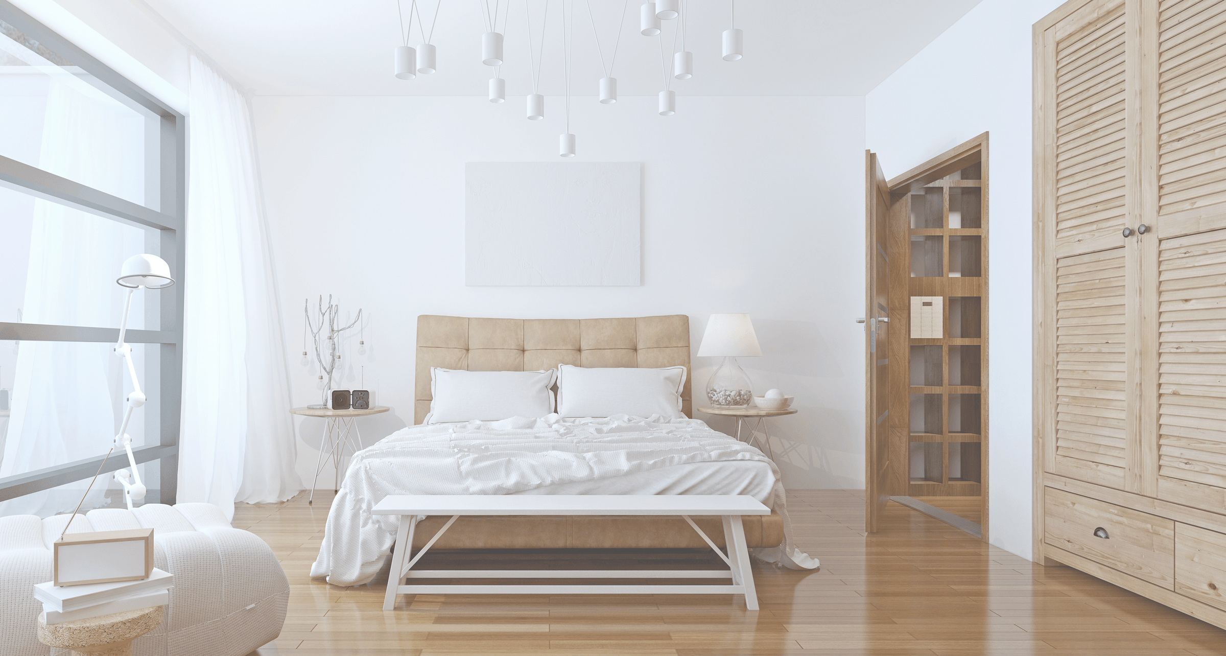 Background Image Bedroom - Arc Floor Lamp In Bedroom (2400x1284), Png Download