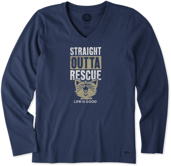 Women's Straight Outta Rescue Cat Long Sleeve Crusher - Life Is Good (570x553), Png Download