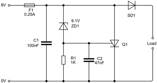 Above Crowbar Circuit Uses An 8v Supply And Has Its - Simple Electronic Circuit Design (572x317), Png Download