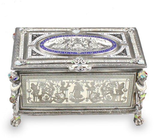 Antique Silver And Enamel Musical Casket - Silver (518x500), Png Download