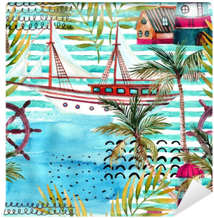 Watercolor Adventure Seamless Pattern In Marine Style - Watercolor Painting (400x400), Png Download
