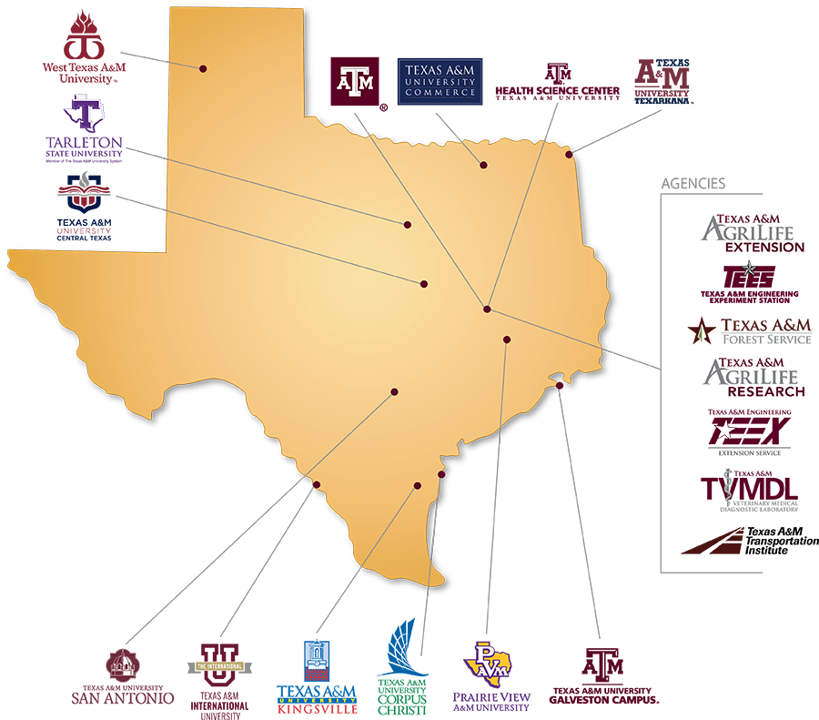 Texas Universities Map - Texas A&m University System Map (900x791), Png Download